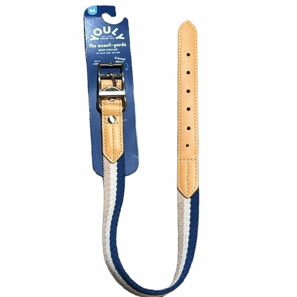 Youly Dog Collar Medium Blue Tan Stripe NWT
